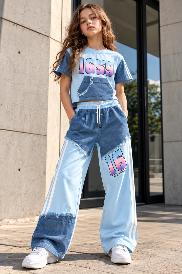 Girls Denim Drip Blue Streetwear Co-Ord Set [GCS-1K-4400] (4-12Years)
