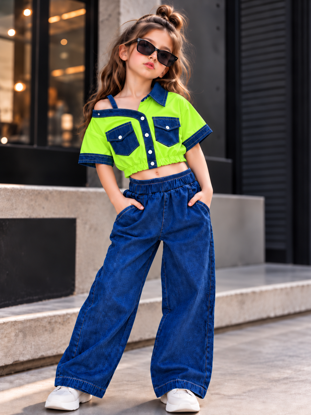Girls Neon Green Down Shoulder Denim Co-Ord Set [GCS-5B-7014] (4-12 Years)