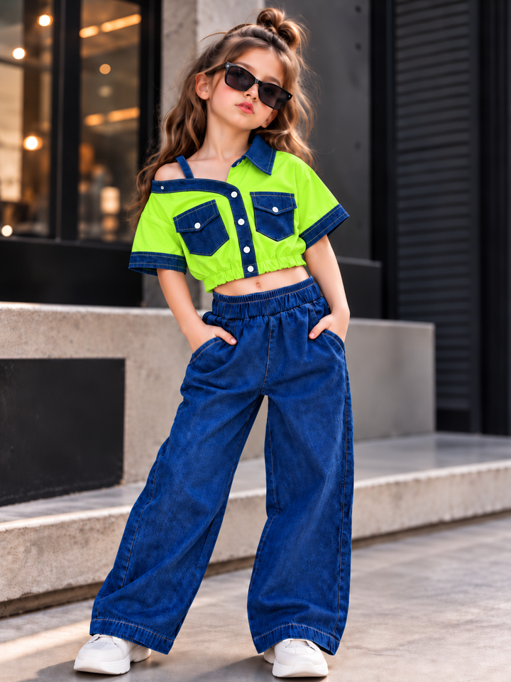 Girls Neon Green Down Shoulder Denim Co-Ord Set [GCS-5B-7014] (4-12 Years)