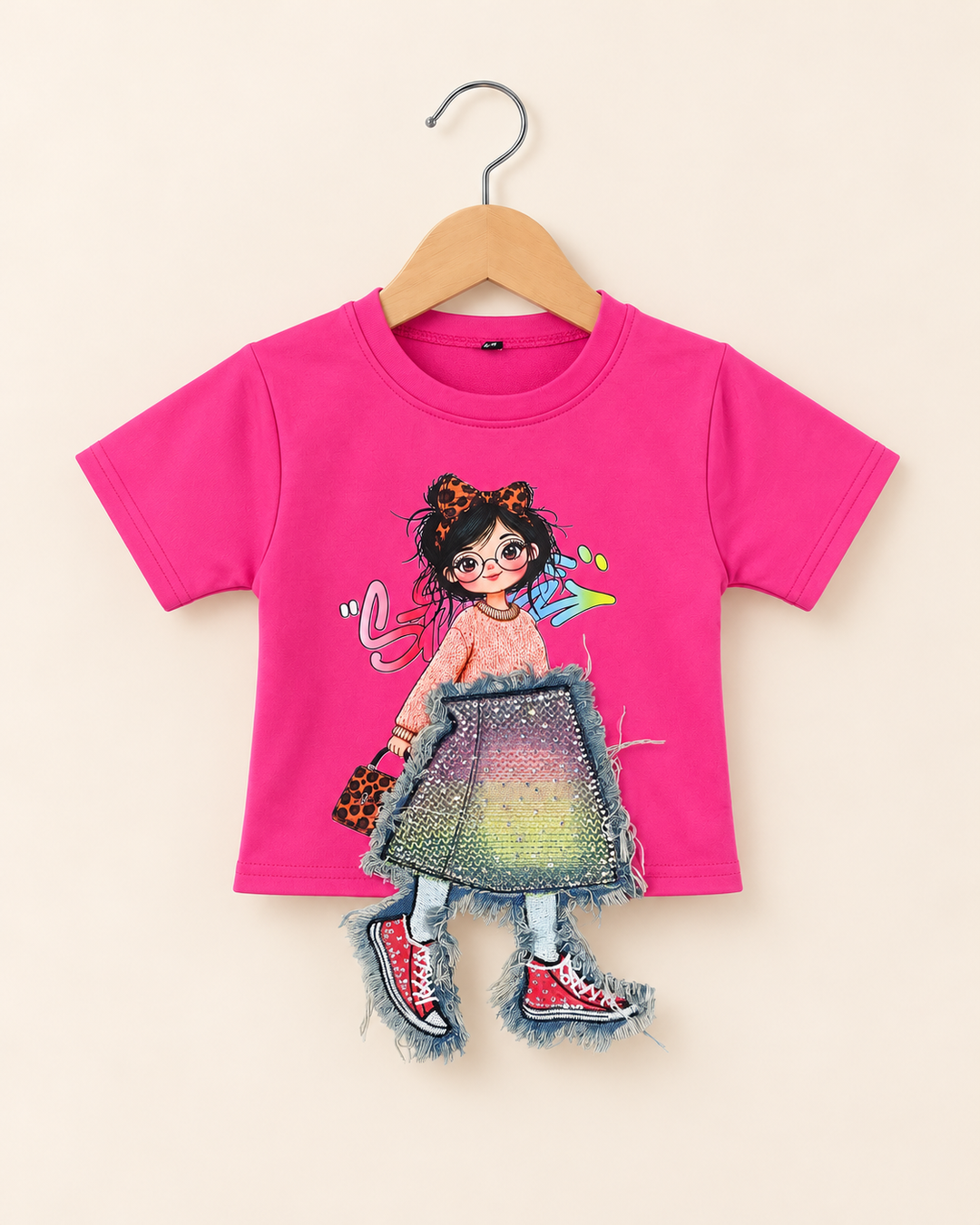 Girls Hot Pink 3D Denim Patch T-Shirt [GT-R-1241] [4-12 year]