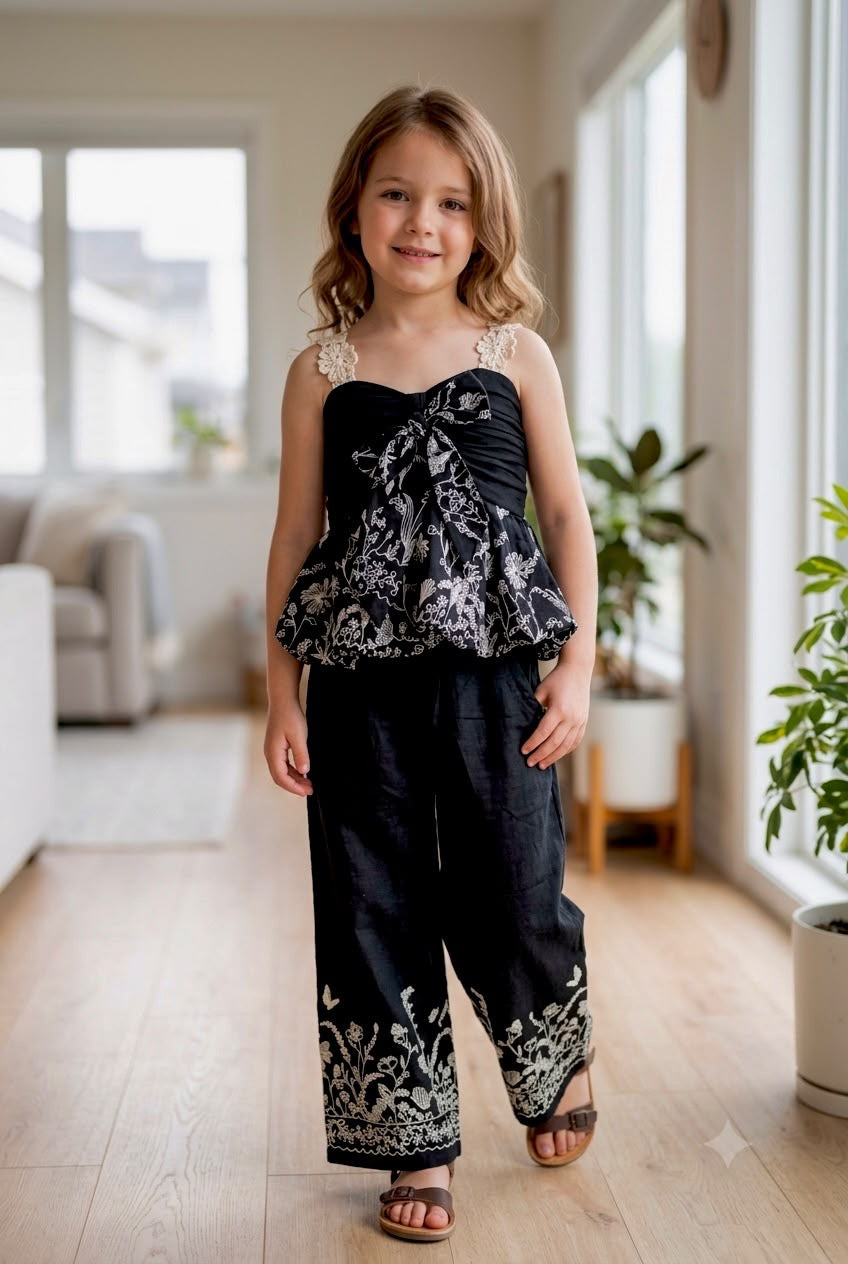 Girls Black Bloom Lace Strap Printed Co-Ord Set [GCS-2J-6790] (4-12 Years)
