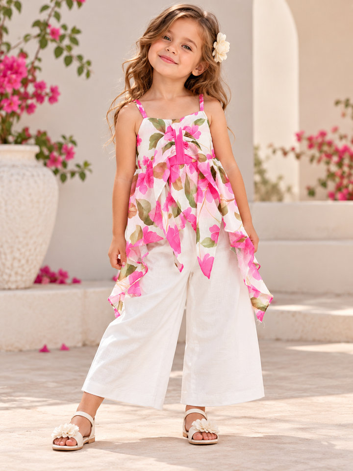 Girls Pink Floral Bow Palazzo Co-Ord Set [GCS-1A-5509] (4-12 Years)