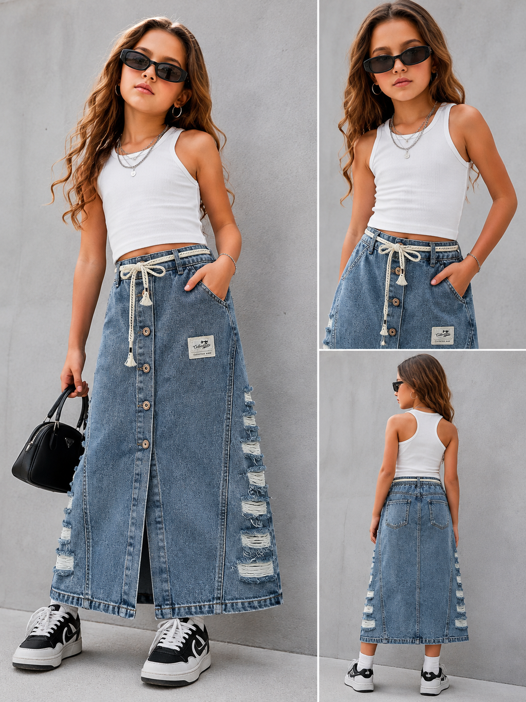 Girls Vintage Distressed Denim Skirt [GS-4J-4597] [4Y-12Years]