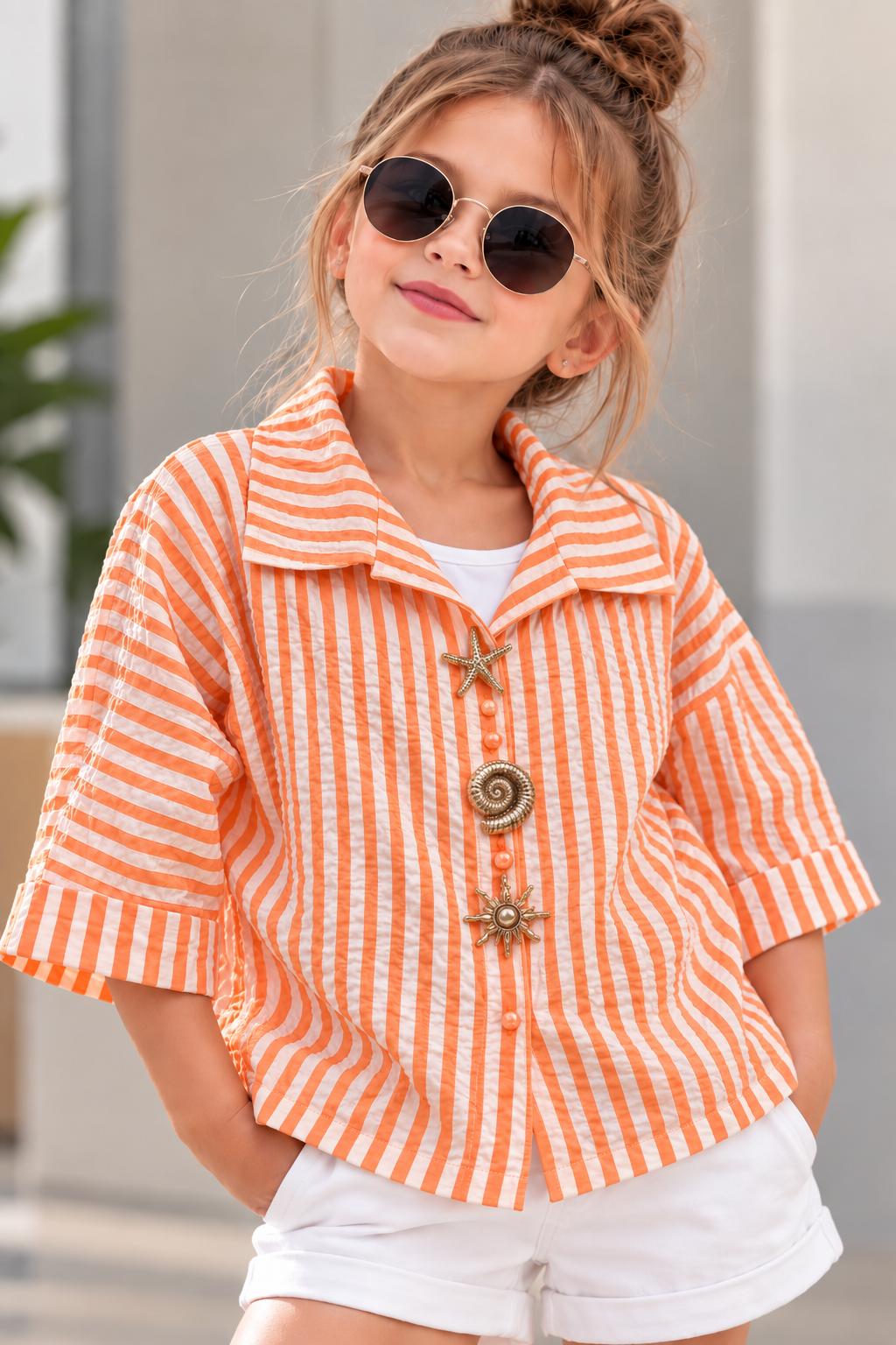 Girl’s Orange Striped Top With Inner [Only Top] [GT-3E-4663] [6-16 Year]