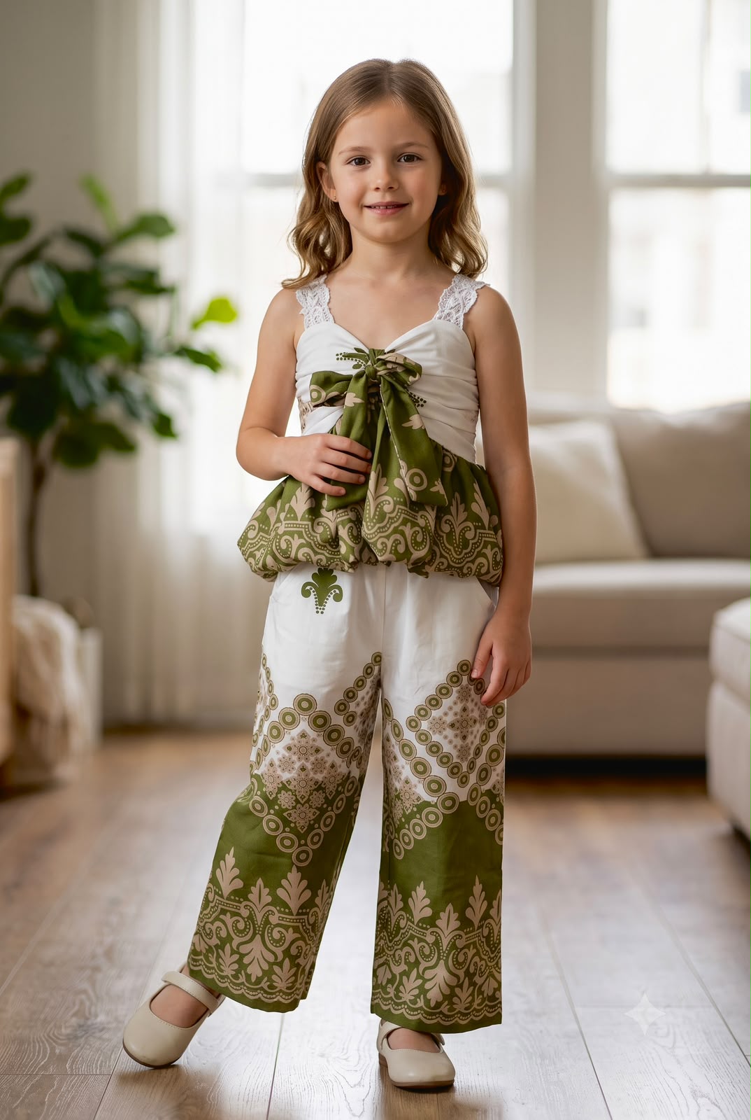 Girls Green Boho Chic Lace Strap Co-Ord Set [GCS-6F-7990] (4-12 Years)
