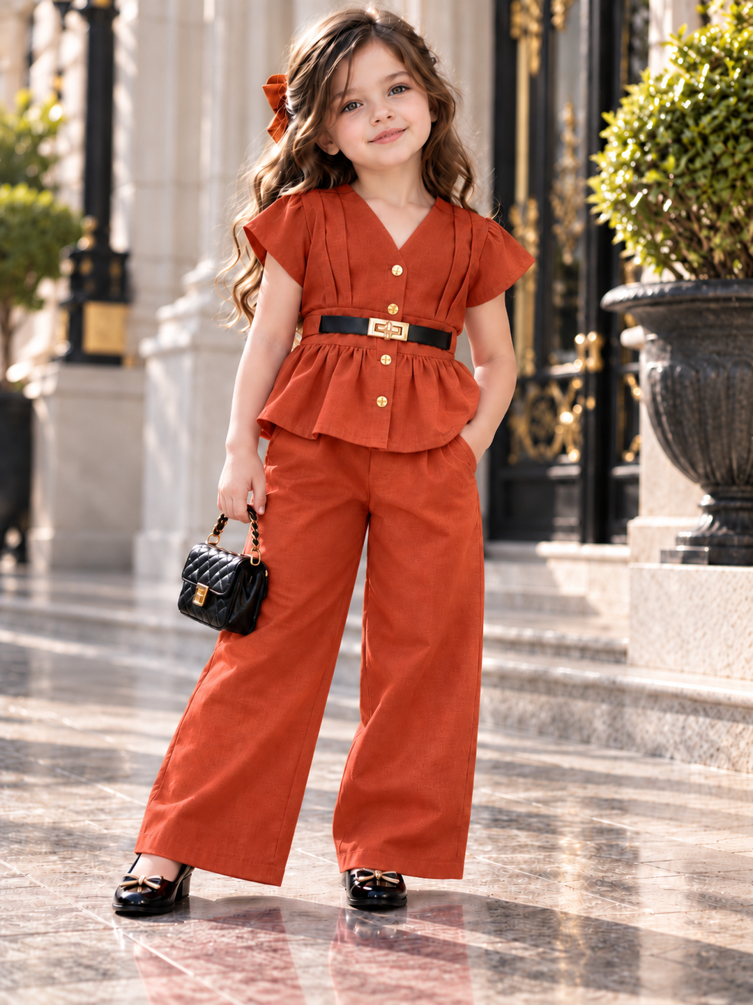 Girls Rust Luxe Belted Peplum Co-Ord Set [GCS-6A-2490] (4-12 Years)