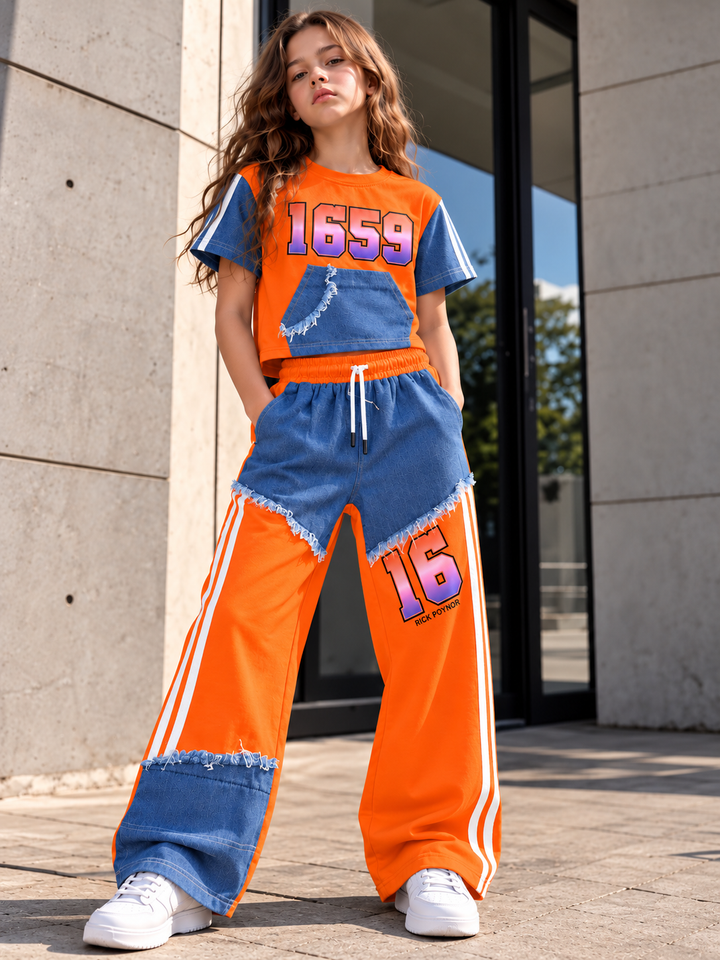 Girls Denim Drip Orange Streetwear Co-Ord Set [GCS-6K-0049] (4-12Years)