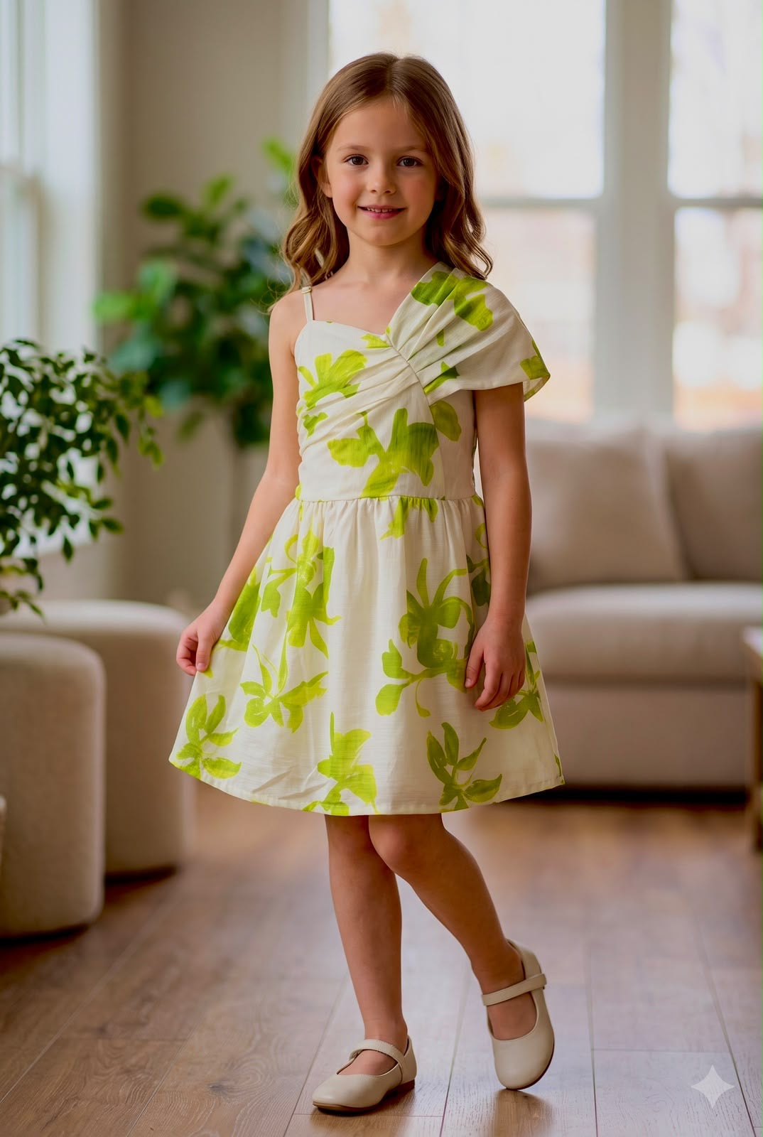 Girls Green Orchid One Shoulder Floral Dress [GD-3C-1974] (4-12 Years)