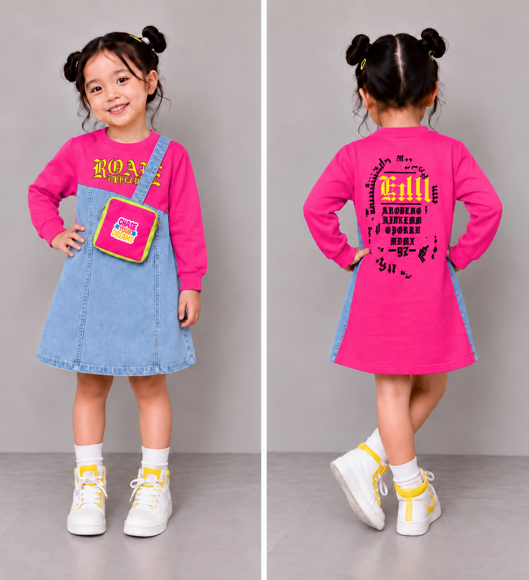 Girls Hot Pink Denim Dress With Back Print [GD-5J-4551] (3-11 Years)