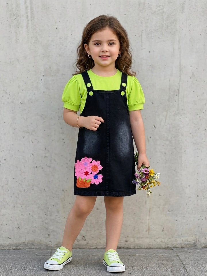 Girls Neon Green Denim Dungaree Dress [GD-6109] (3-9 Years)