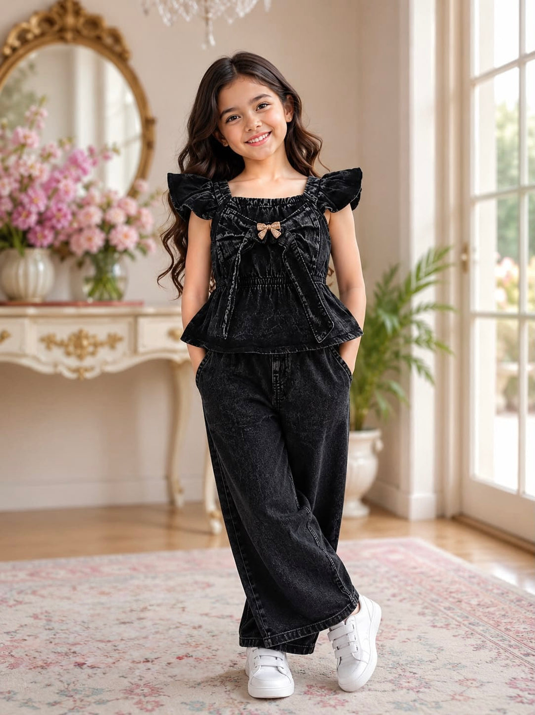 Girls Black Denim Co-Ord Set [GCS-3H-7459] (4-12 Years)