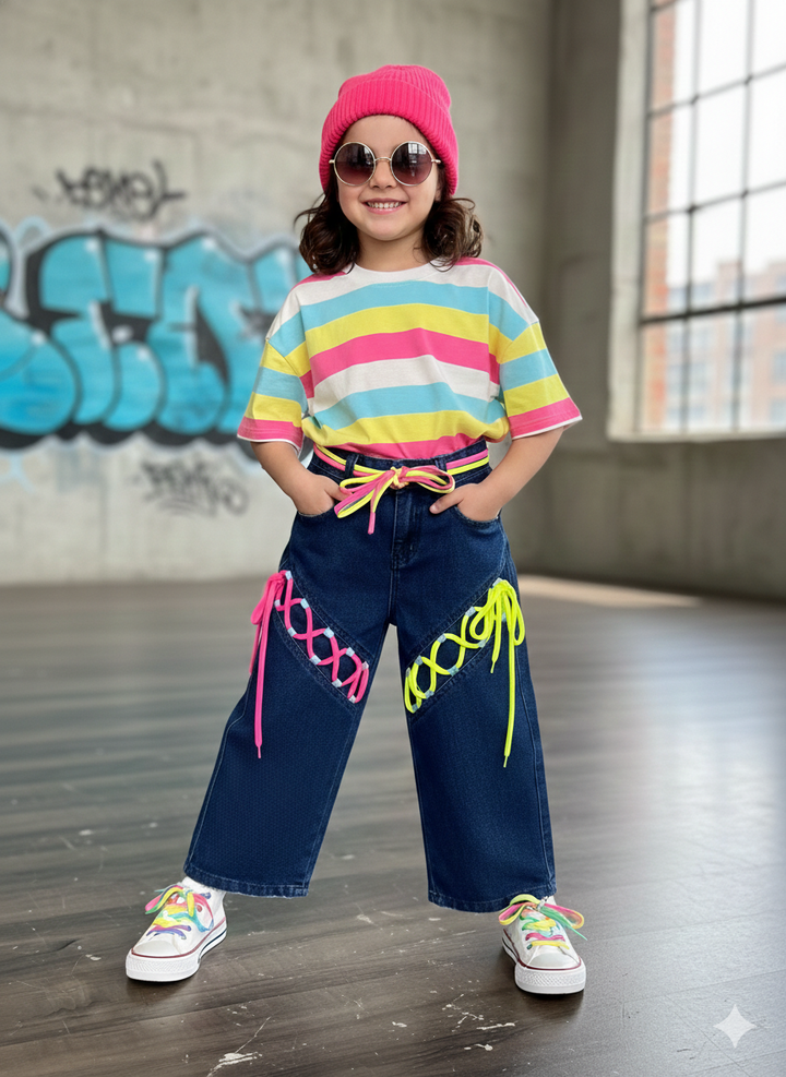 Girls Dark Blue Designer Straight Fit Jeans with Belt (Only Jeans ) [GJ-965] (4-12Years)
