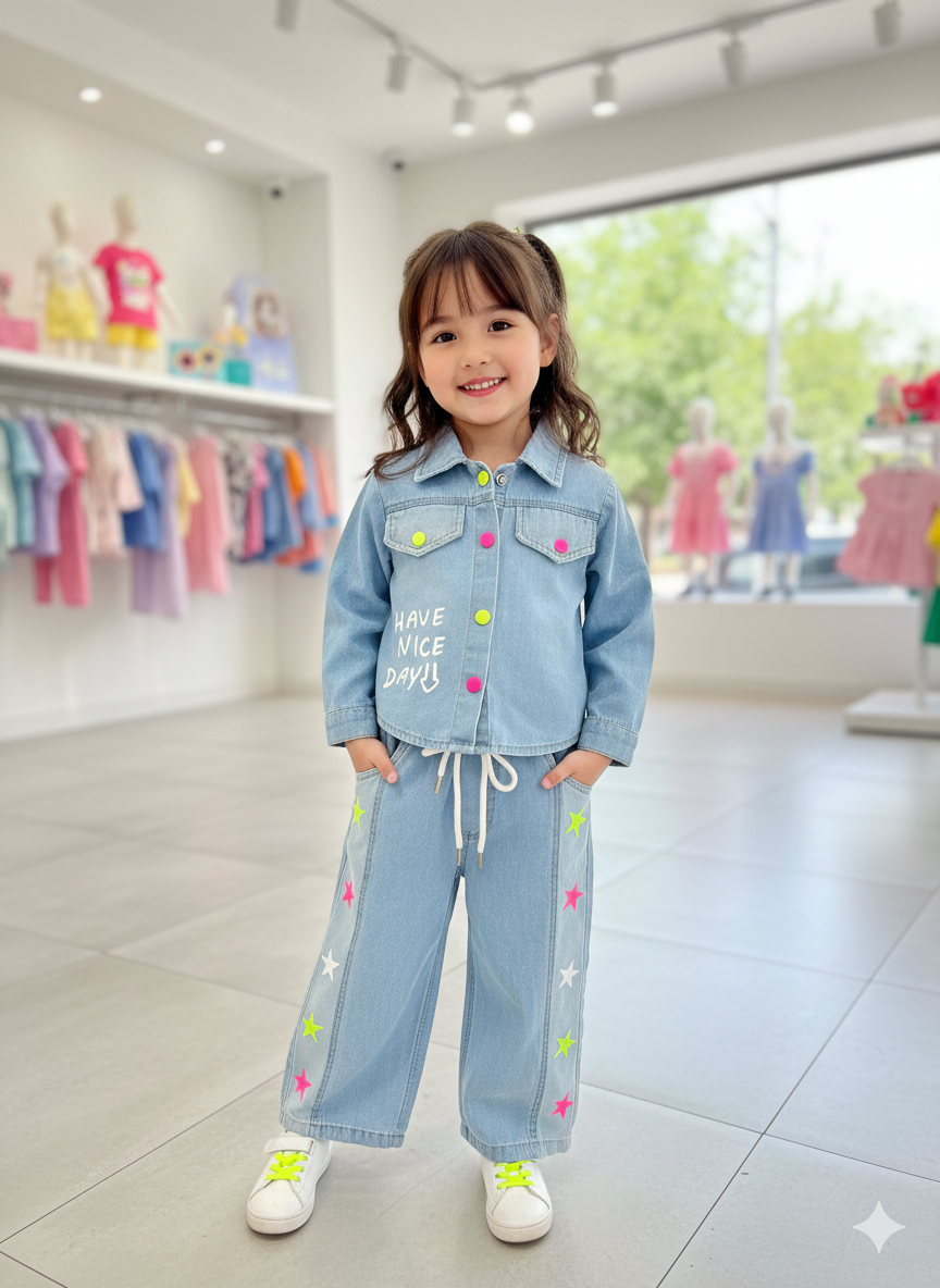 Girl's Denim Designer 2 Peice Co-Ord Set (WITHOUT T-SHIRT) [GCS-6265] (4-12 Years)