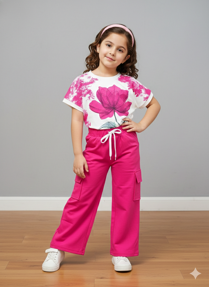 Girl's Hot Pink Flower Printed Co-Ord Set  [GCS-7025] (4-12 Years)