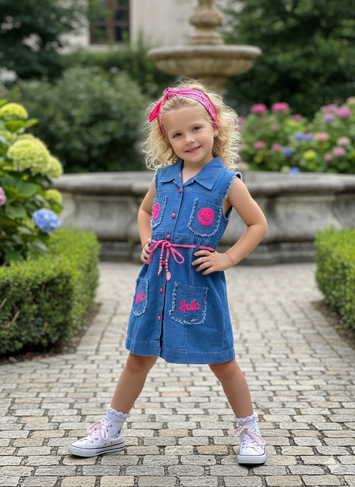 Girls Smiley Hot Pink Denim Dress [GD-7282] (4-12 Years)