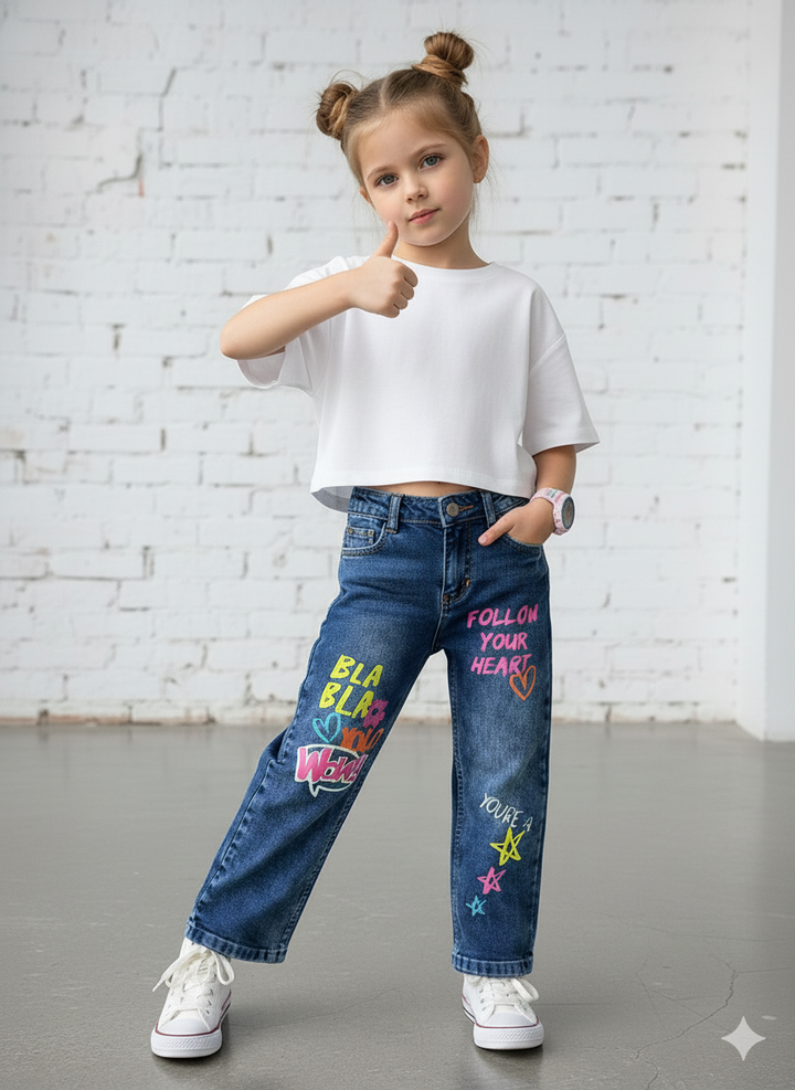 Girls Dark Blue Printed Straight Fit Denim Jeans [GJ-1003] (5-12Years)