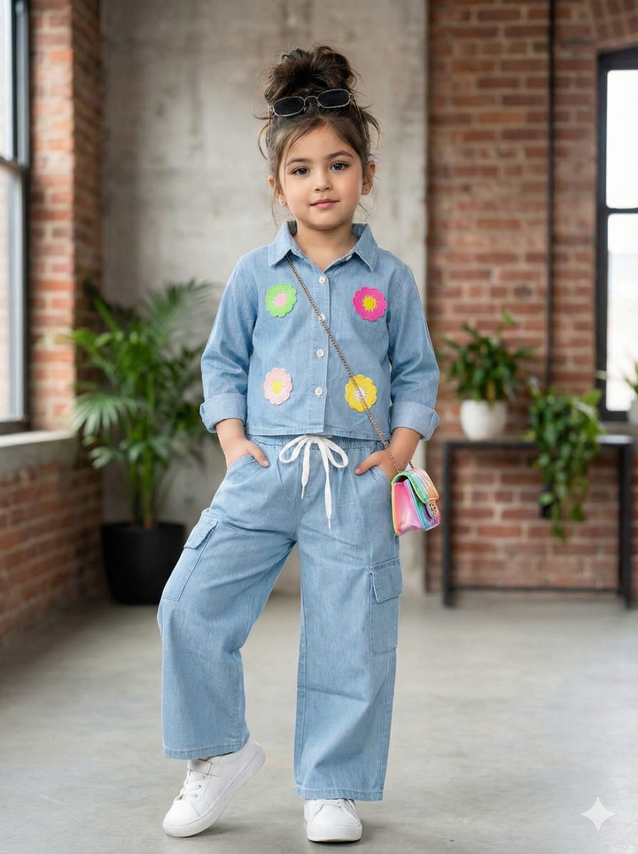 Girl's Soft Denim Light Blue Flower Patch Co-Ord Set [GCS-6089] (3-11 Years)