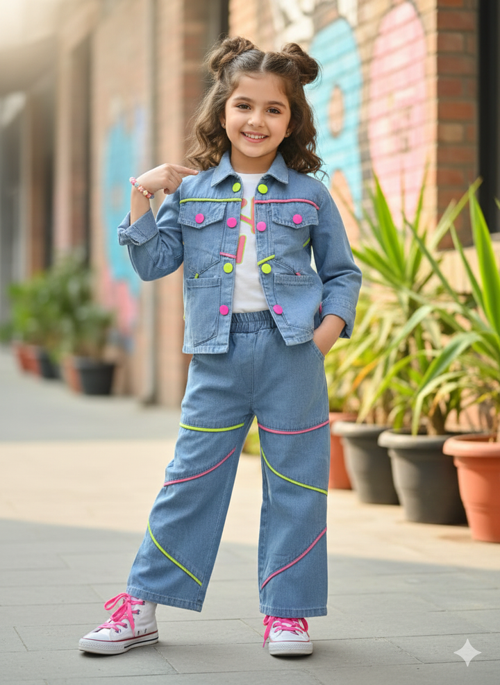 Girls Denim 3 Piece Co-Ord Set [GCS-6190] (4-12Years)