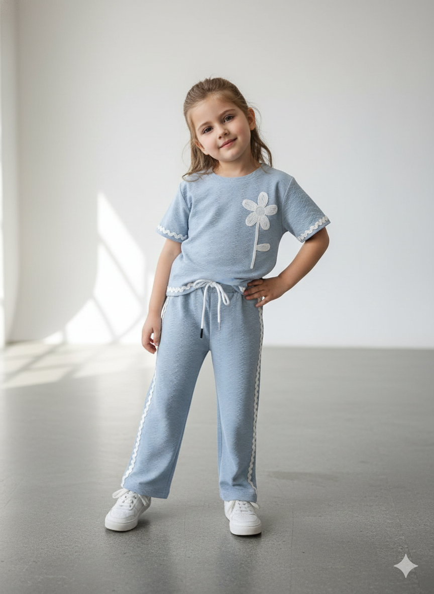 Girls Casual Flower Patch Grey Co-Ord Set [GCS-6235](4-12 Years)
