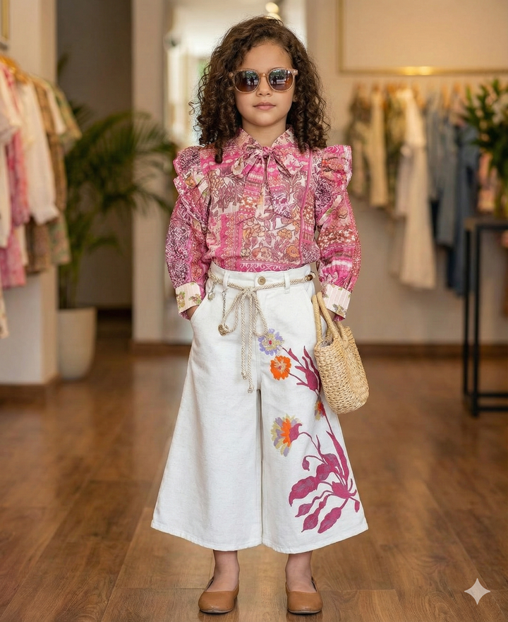 Girl's 2 Piece Printed Pink Co-Ord Set [GCS-6100](3-12 Years)