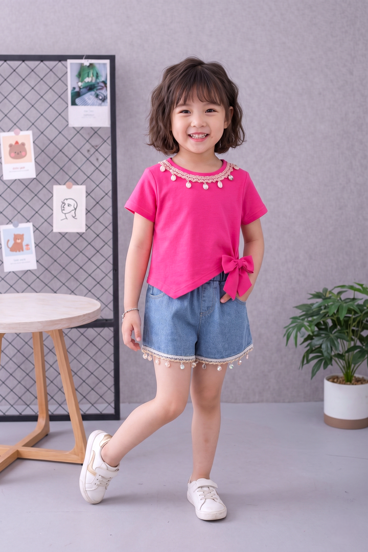 Girls Hot Pink Co-ord Set Asymmetric Knotted Top with Shell-Trim Denim Shorts [GCS-6493] (2-6 Years)