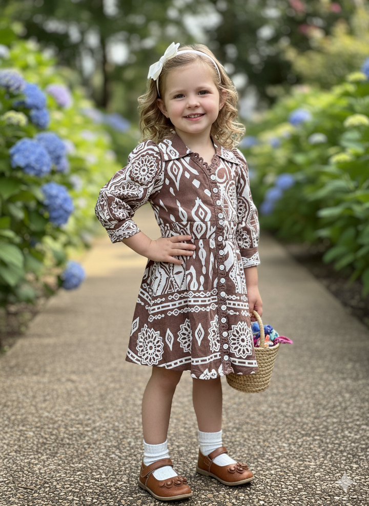 Girls Cotton Printed Brown Dress [GD-6292] (4-12 Years)