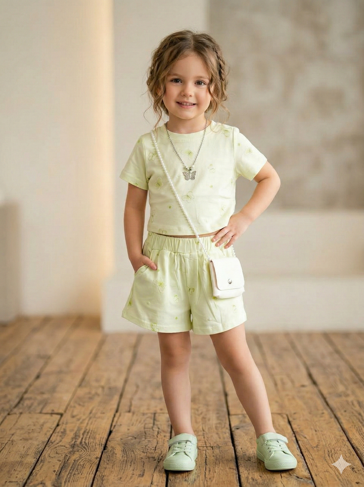Girls' Green Butterfly Print Top and Shorts Co-Ord Set With Chain n Sling Bag [GCS-4976] (2-7 Years)