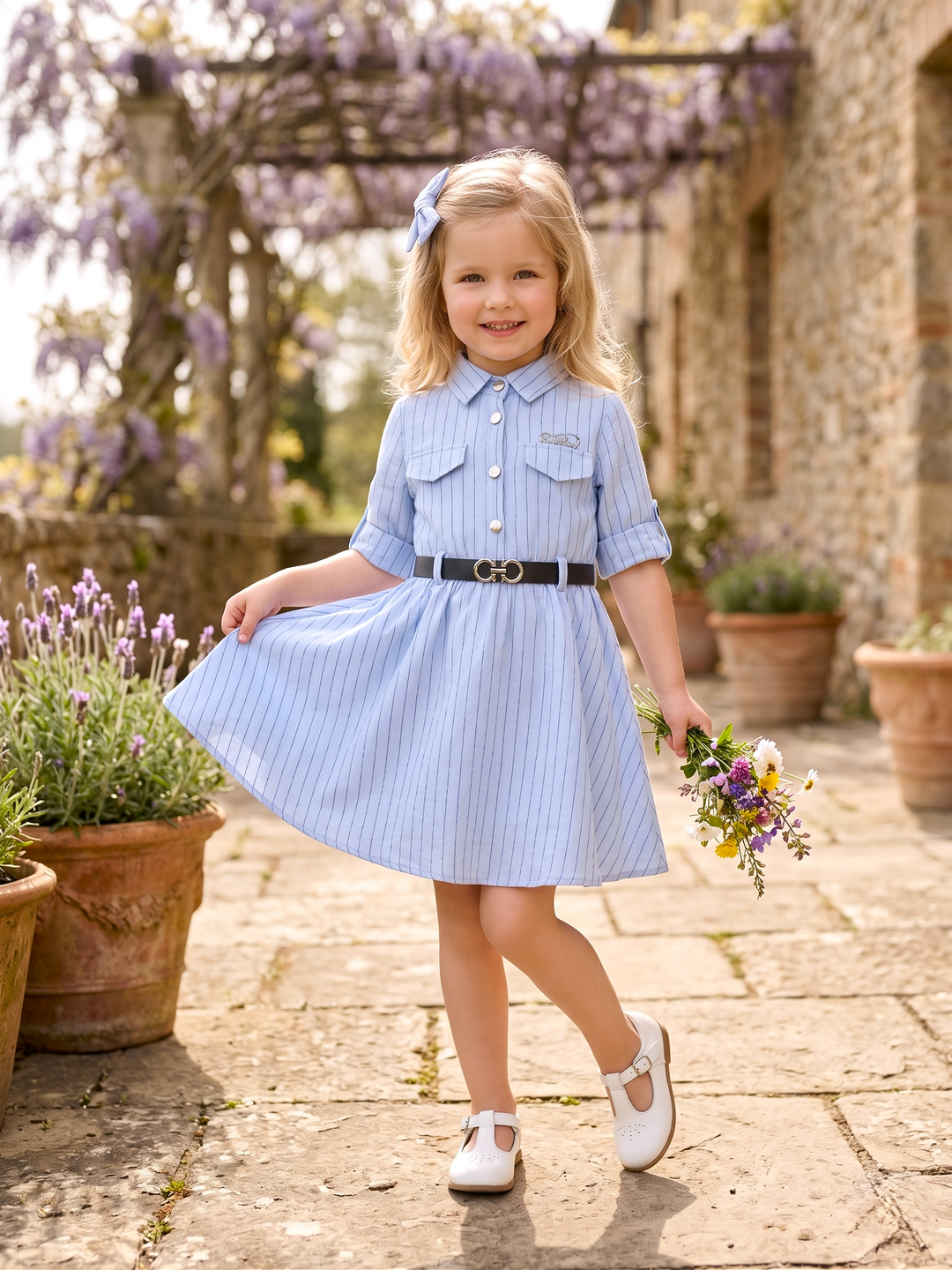 Girls Light Blue Striped Onepiece with Belt [GD-3848] (3-12Years)