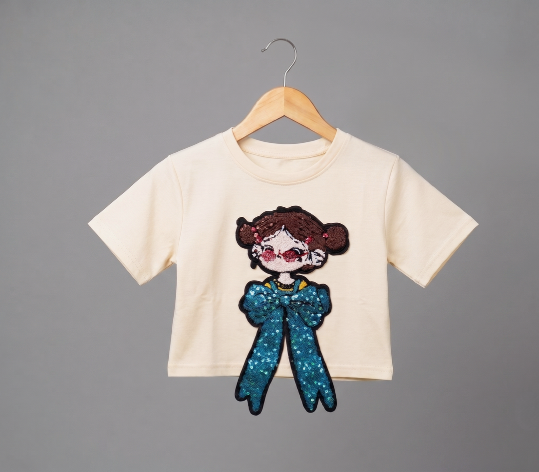 Girls Cream Cartoon Applique Top [GT-5144] [4-12 year]