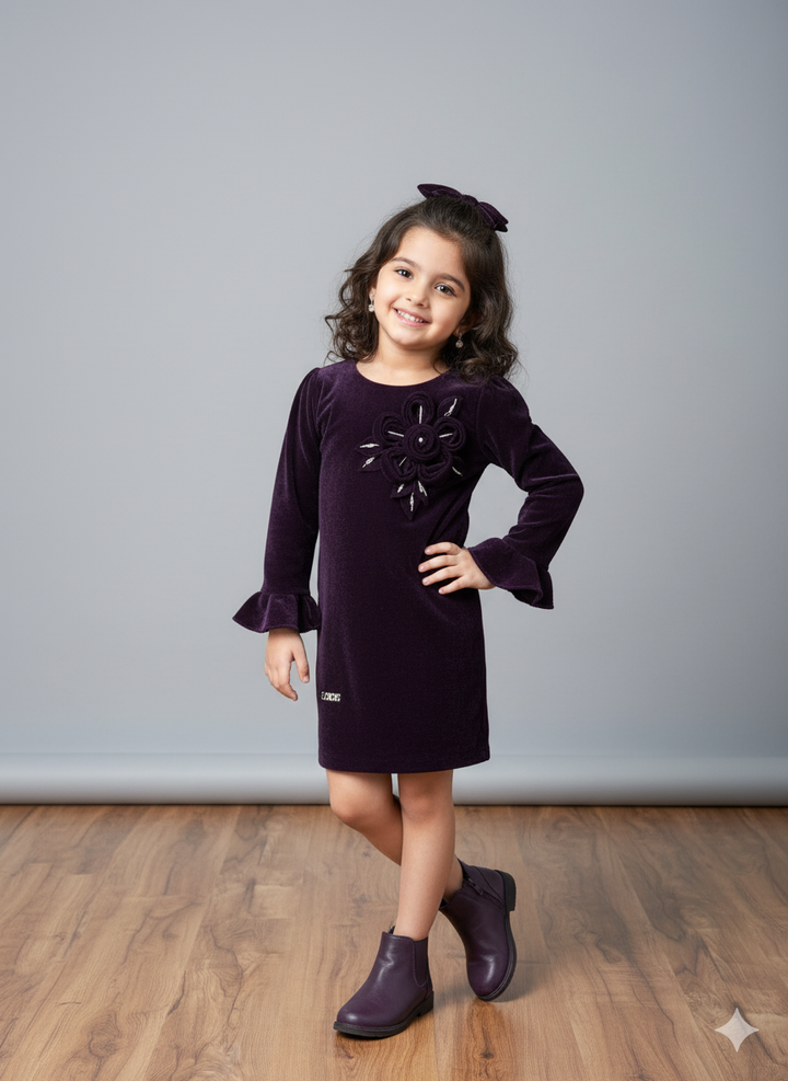 Girls Partywear Velvet Wine One-Piece  [GD-6435] (1-7Years)