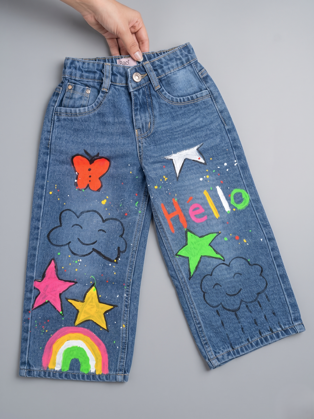 Girls Hand Painted Medium Blue Denim Jeans [GJ-884] (1-12Years)
