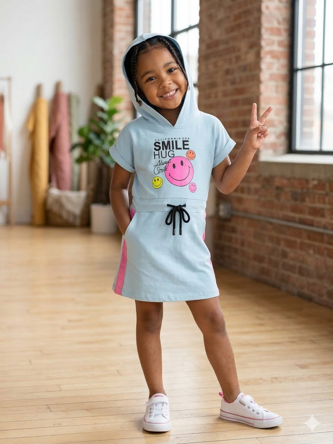 Girls Green Hooded Smiley Dress [GD-2038] (3-11 Years)