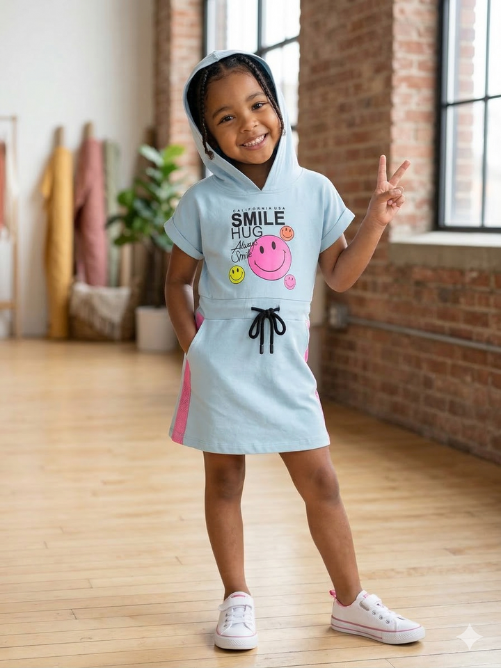 Girls Green Hooded Smiley Dress [GD-2038] (3-11 Years)