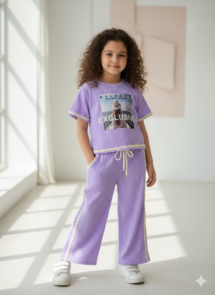 Girls Casual Photo Print Lavender Co-Ord Set [GCS-6316](4-12 Years)
