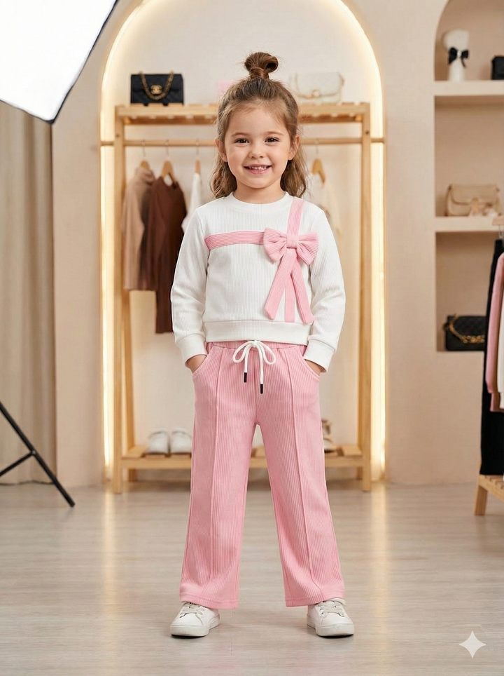 Girls Casual Pink Bow Co-Ord Set [GCS-6111] (4-12Years)