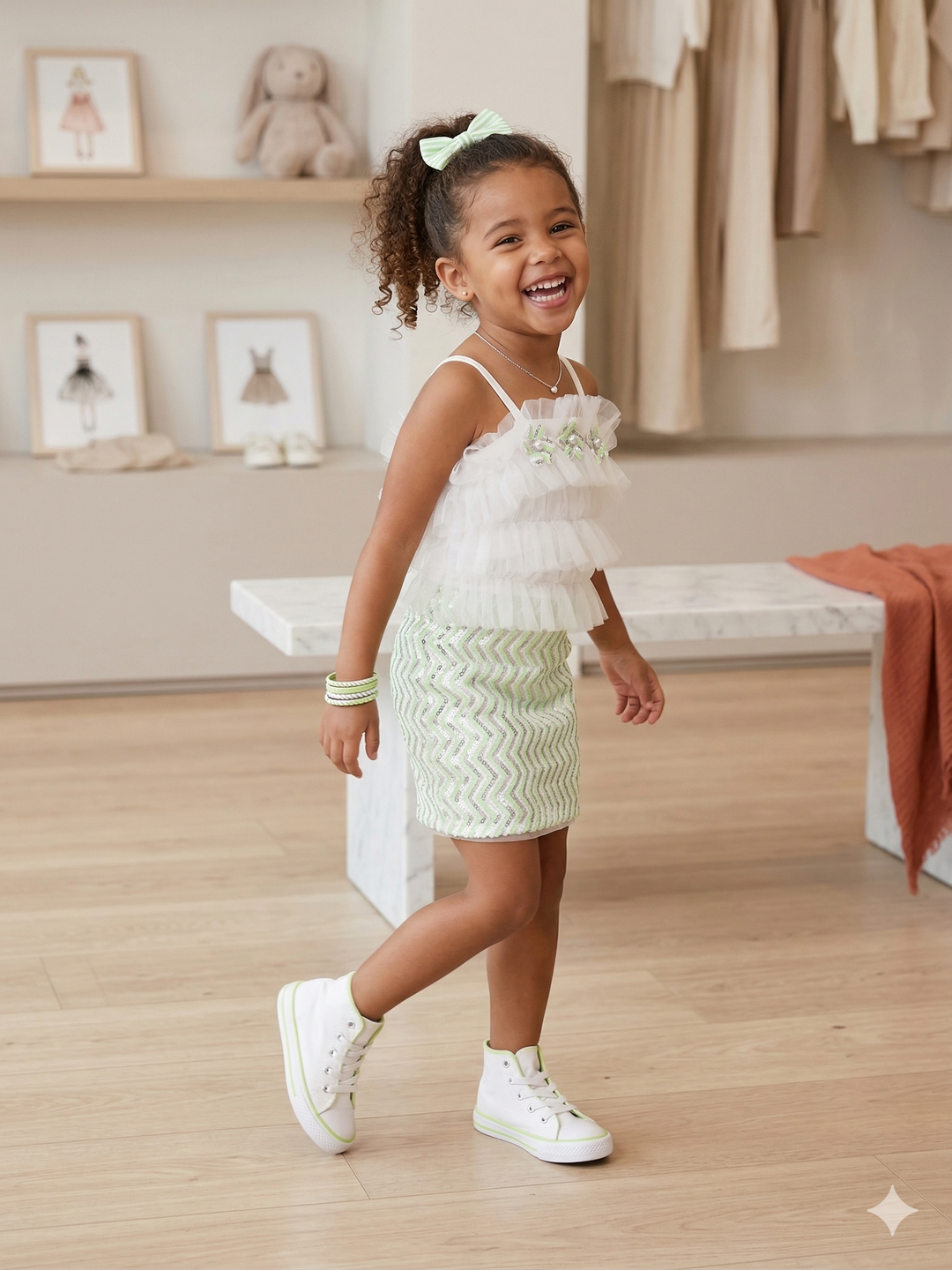 Girls Partywear Sequence Green Dress [GD-6489] (1-7Years)