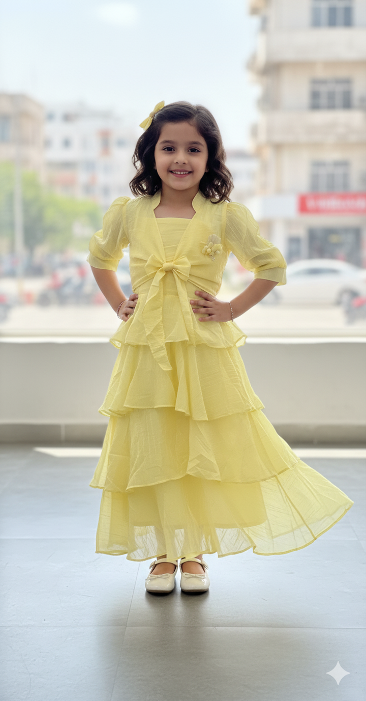 Girls Party Wear Yellow Long One-Peice With Shrug [GT-6625] (3-11 Years)