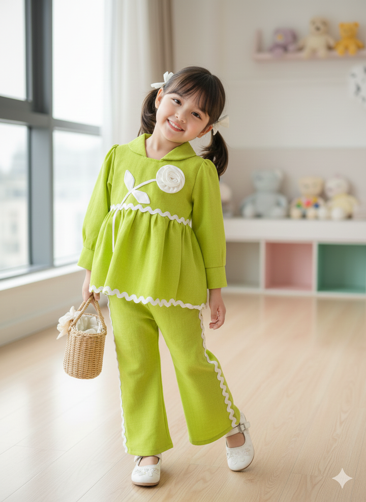Girls Green Flower Co-Ord Set [GCS-6170](4-13Years)