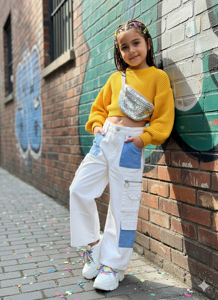 Girls Wide Leg Cargo Denim White Jeans [GJ-1001] (3-14Years)