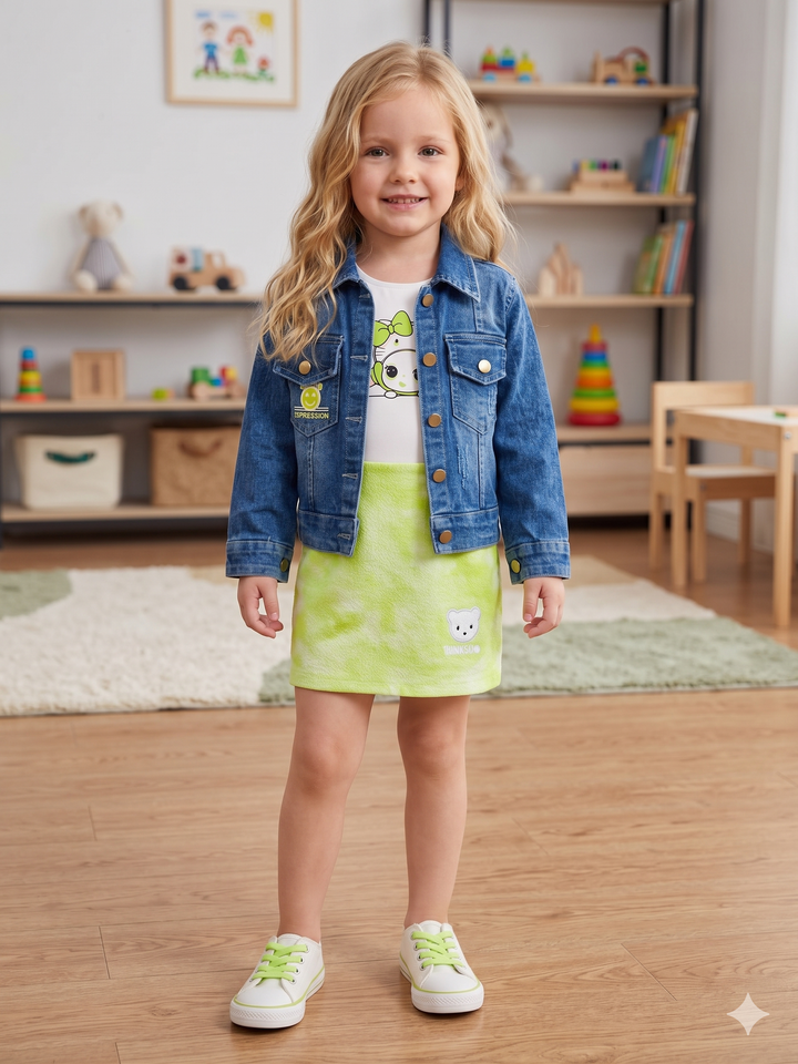 Girls Green Onepiece With Denim Jacket [GD-4721] (3-12 Years)