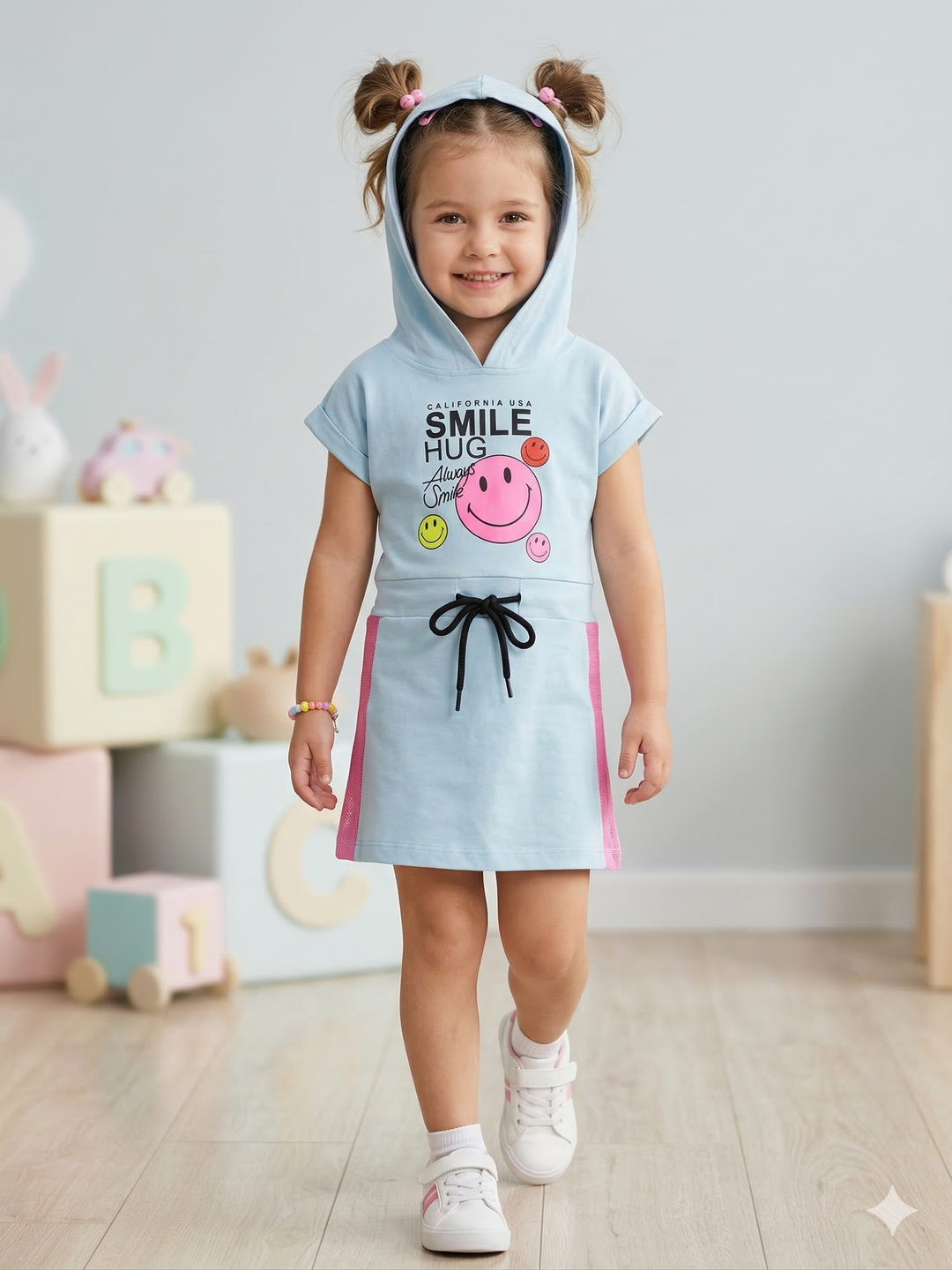 Girls Green Hooded Smiley Dress [GD-2038] (3-11 Years)