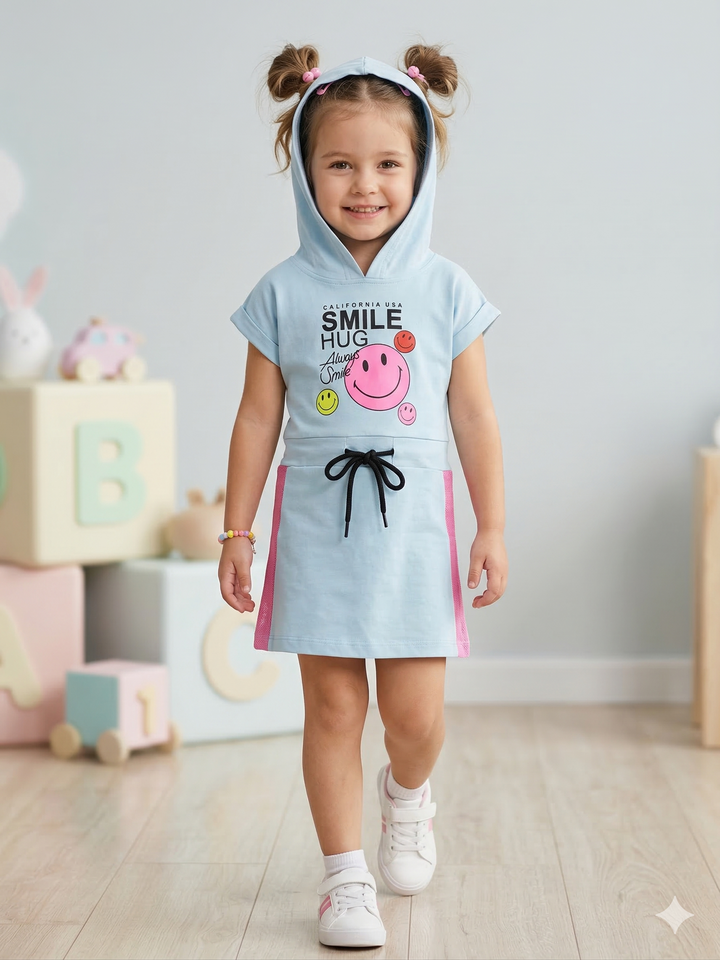 Girls Green Hooded Smiley Dress [GD-2038] (3-11 Years)