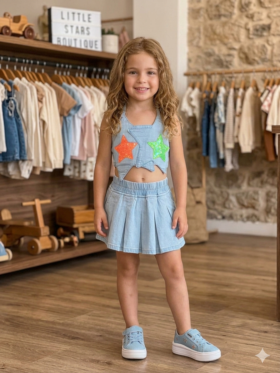 Girl's Ice Blue Designer Halter Neck Co-Ord Set  [GCS-5555] (1-8Years)