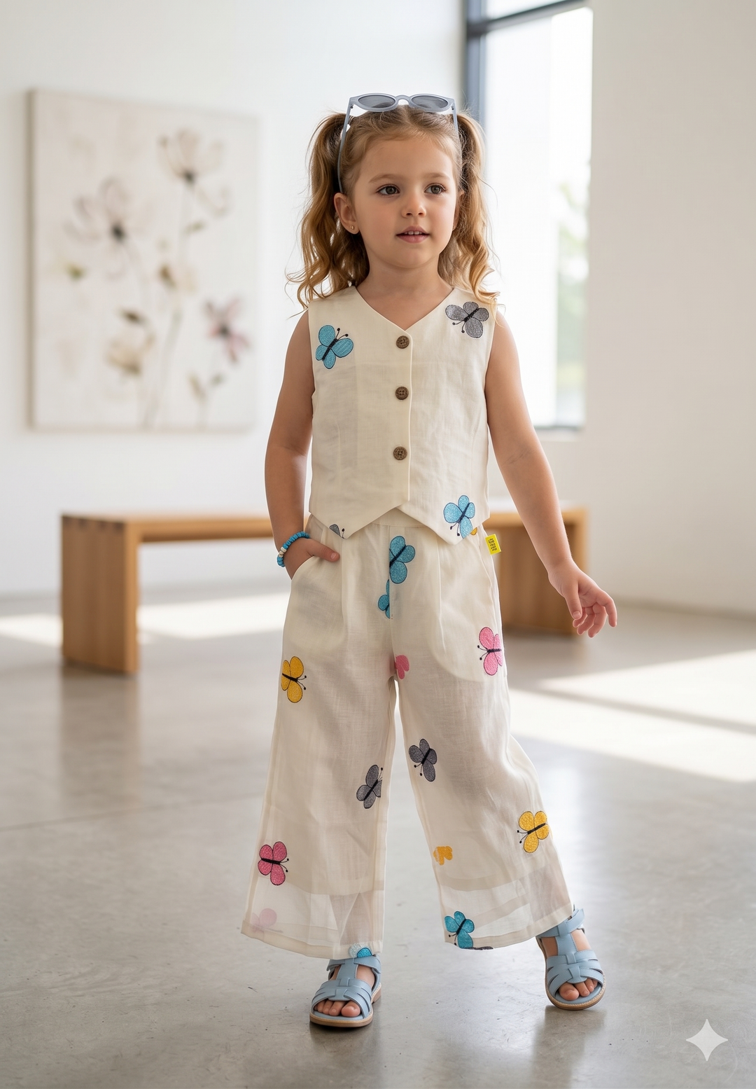 Girl's Butterfly Embroidered Khadi Cotton Co-Ord Set [GCS-5999] (4-12 Years)