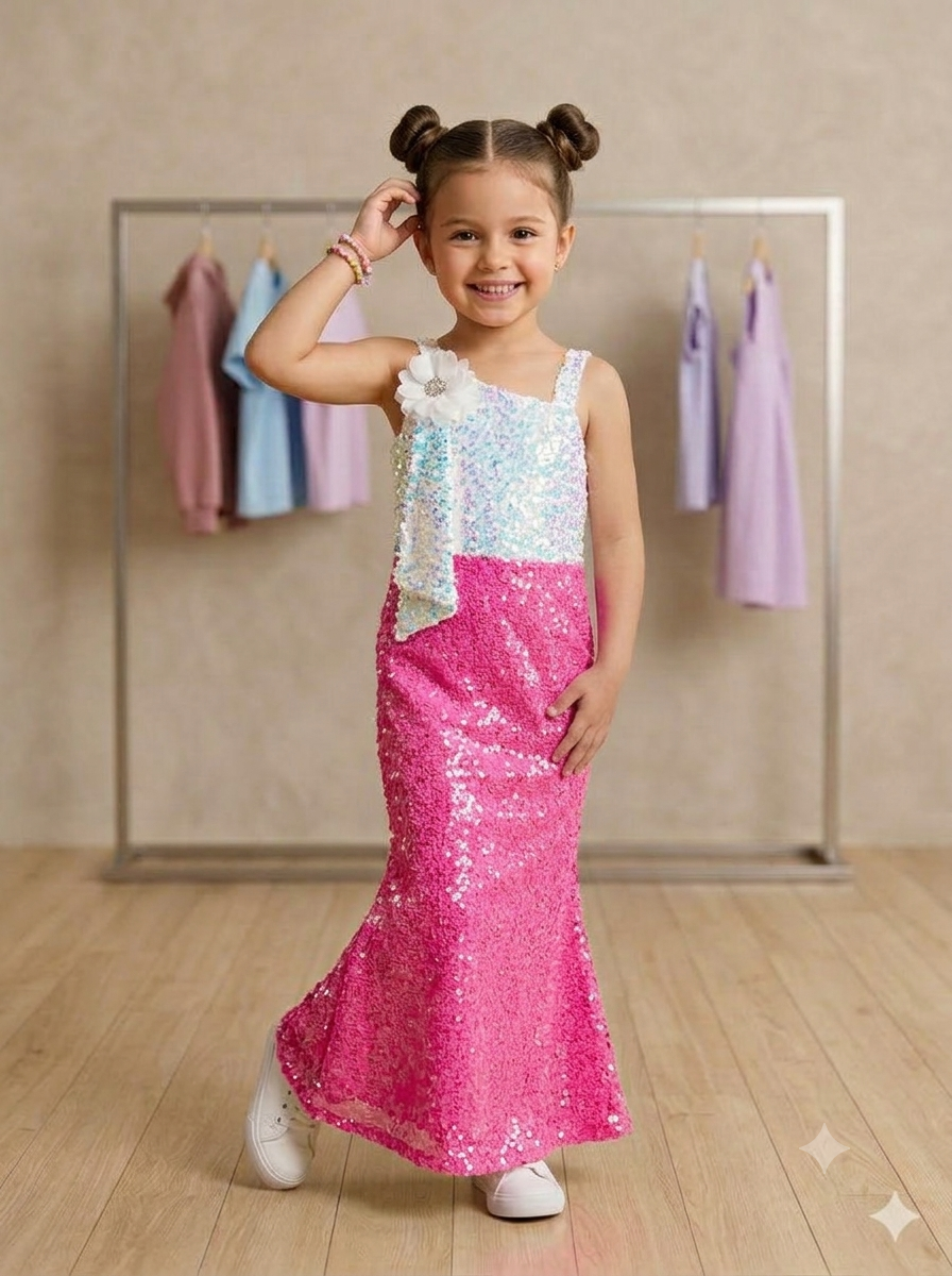 Girls Pink One-Shoulder Sequince Partywear Onepiece [GD-3K-6718] (1-7Years)