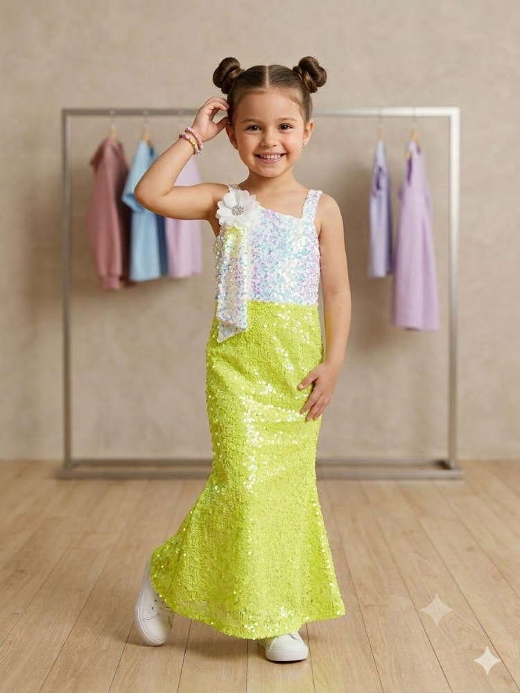 Girls Yellow One-Shoulder Sequince Partywear Onepiece [GD-4C-1423] (1-7Years)