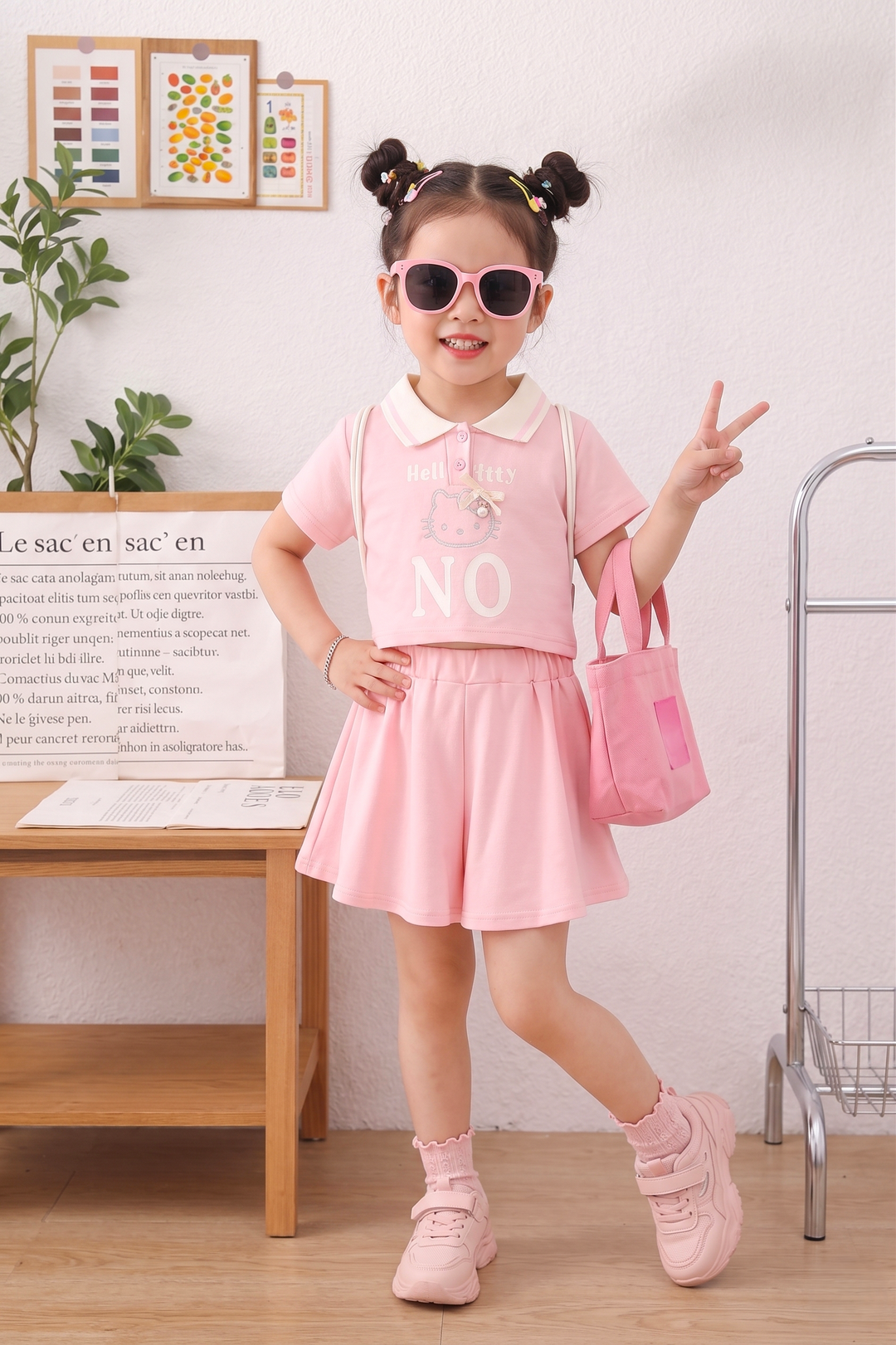 Girls' Pastel Pink Polo Collar 2-Piece Co-ord Set [GCS-4958] (2-7 Years)