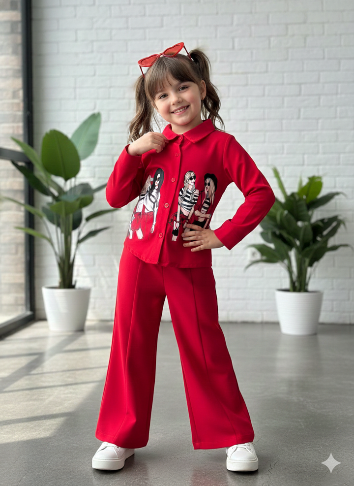 Girl's Causal Red Co-Ord Set [GCS-6200] (4-12 Years)