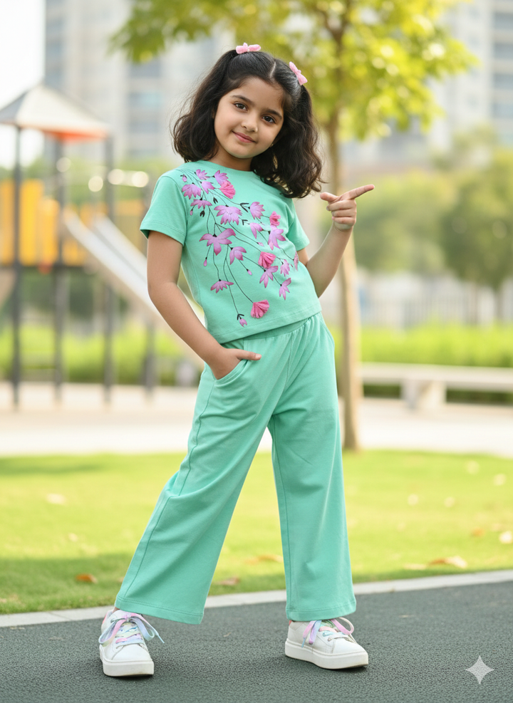 Girl's Causal Sea-Green Co-Ord  Set [GCS-6178](4-11 Years)