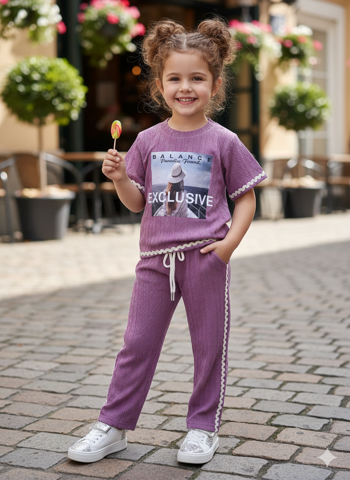 Girls Casual Photo Print Purple Co-Ord Set [GCS-6312](4-12 Years)